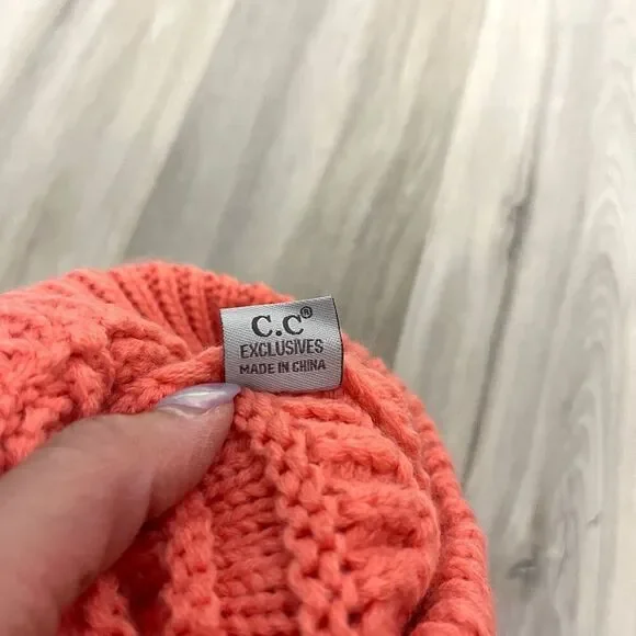 C.C Peachy Orange-Pink Ponytail Cable Knit Winter Beanie Hat - Picture 3 of 5